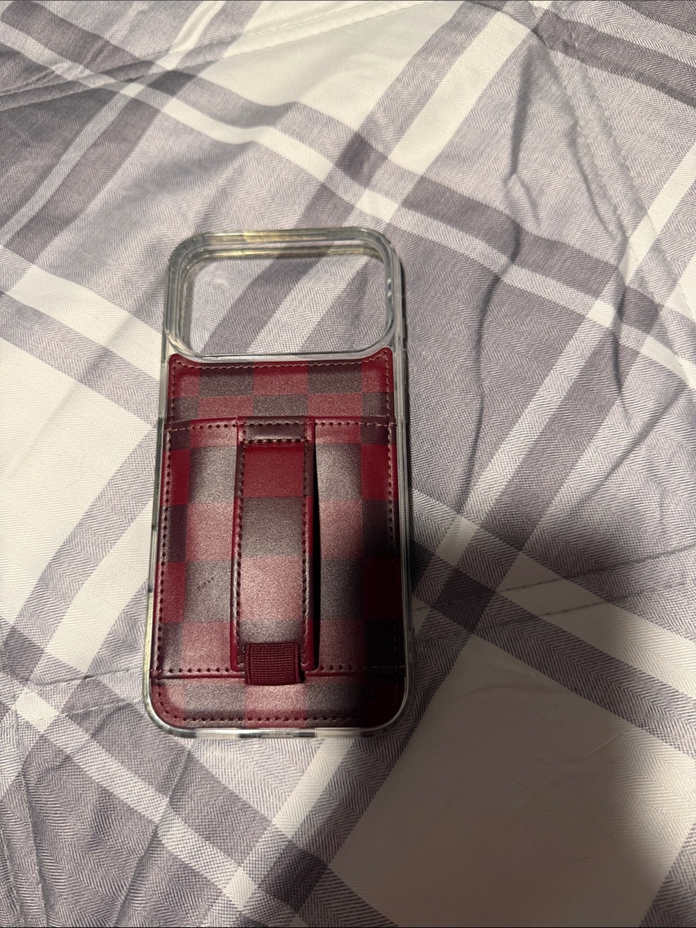 Clear Phone Case with Burgundy Plaid Card Holder